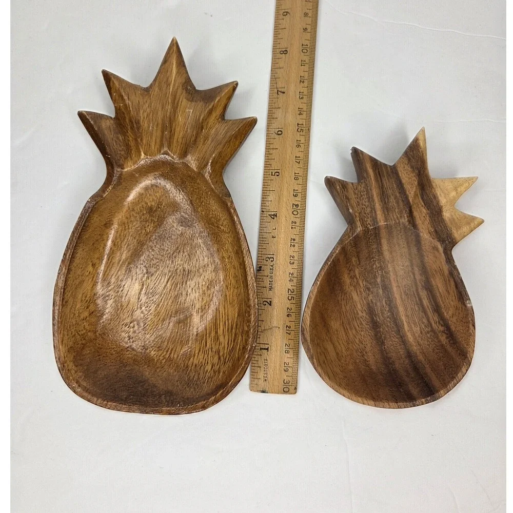 Hawaiian Hand Carved Acacia Wood Pineapple Shaped Trinket Dish Spoon Rest Set